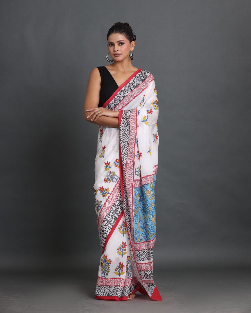 Phoolkari Block Printed Saree