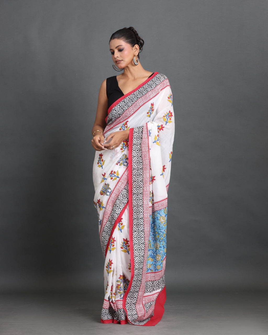 Phoolkari Block Printed Saree