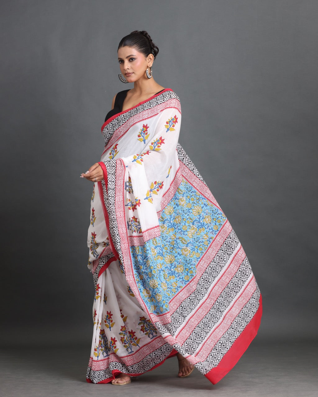 Phoolkari Block Printed Saree