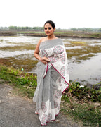 Stripes with Floral Jal Block Printed Saree (Black & Maroon)