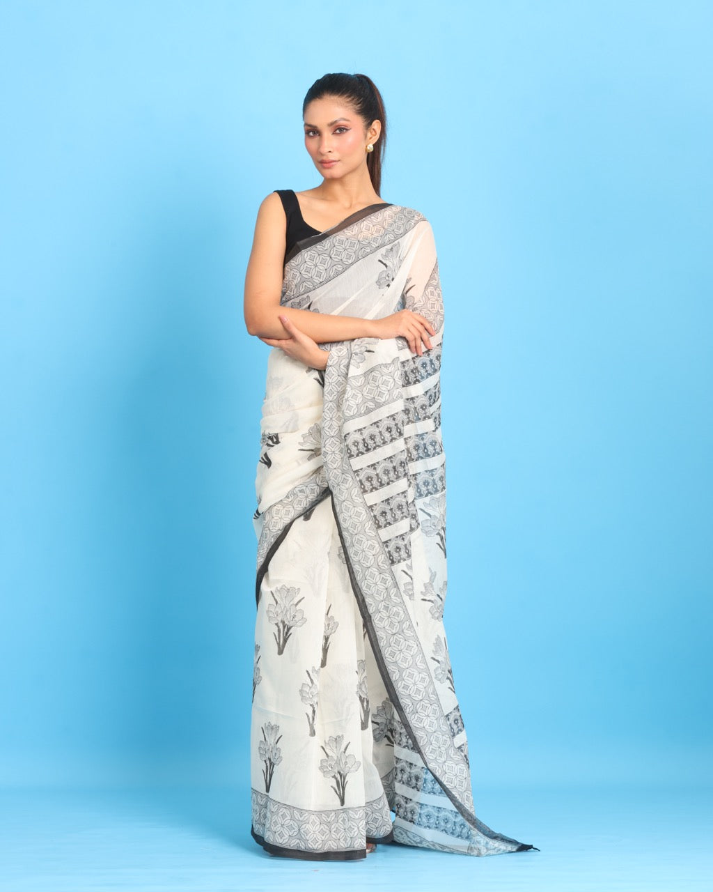 Shwet Pushpa Block Printed Saree