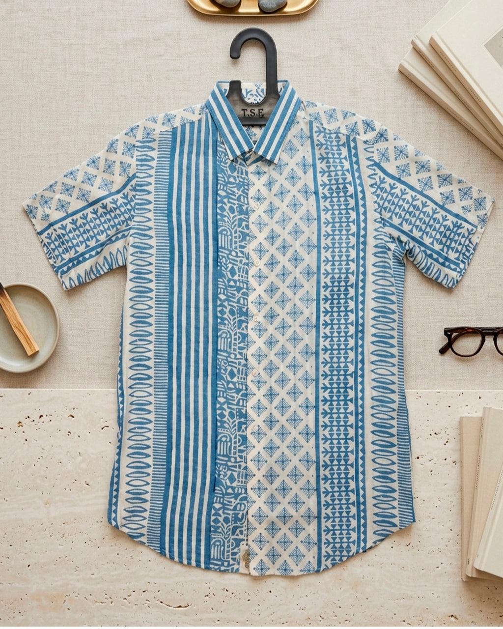 Light Blue Stripes with Geometrical Print Half sleeve shirt