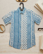 Light Blue Stripes with Geometrical Print Half sleeve shirt