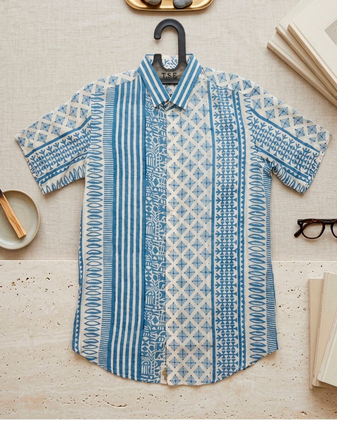 Light Blue Stripes with Geometrical Print Half sleeve shirt