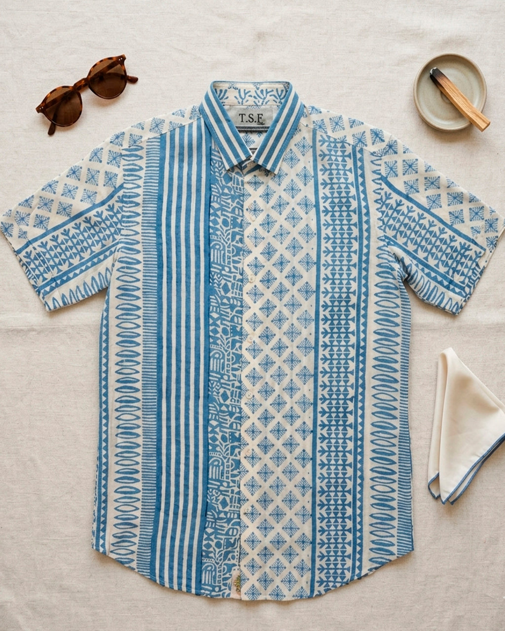Light Blue Stripes with Geometrical Print Half sleeve shirt