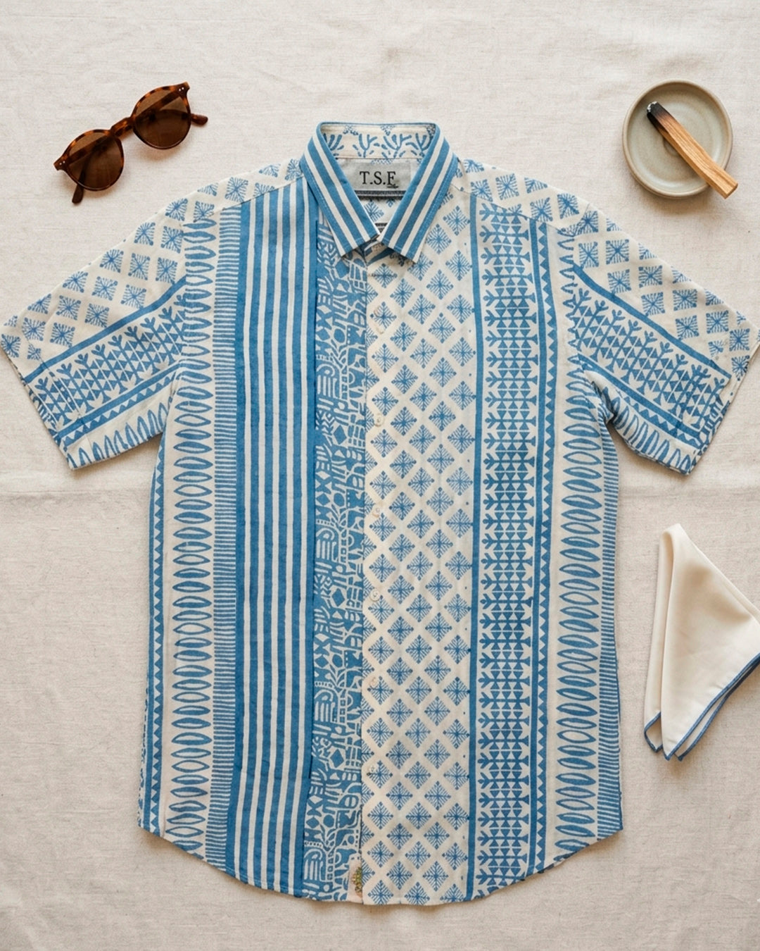 Light Blue Stripes with Geometrical Print Half sleeve shirt