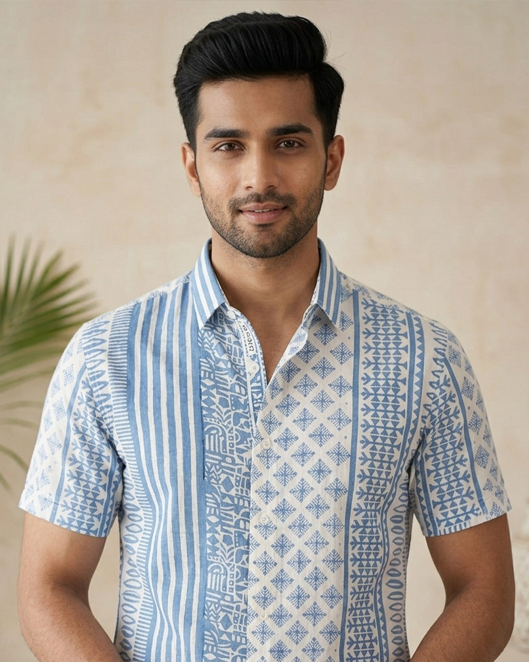 Light Blue Stripes with Geometrical Print Half sleeve shirt