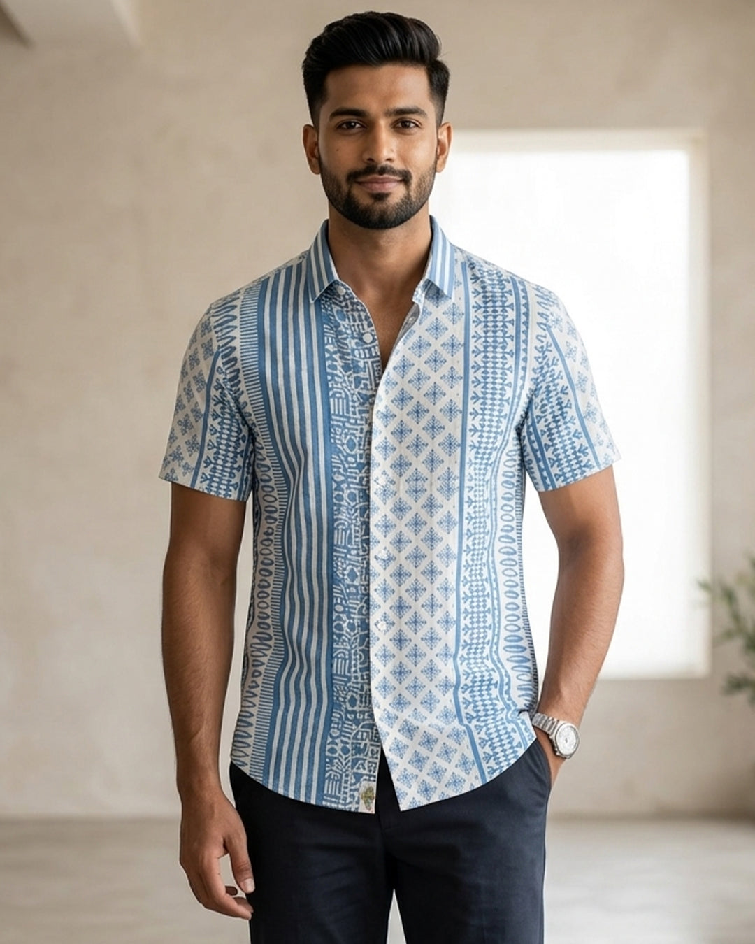 Light Blue Stripes with Geometrical Print Half sleeve shirt
