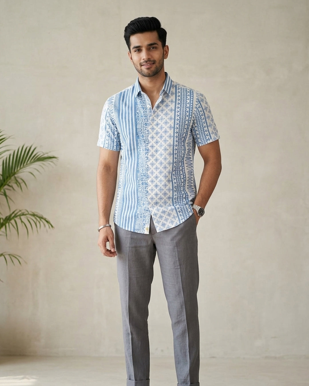 Light Blue Stripes with Geometrical Print Half sleeve shirt