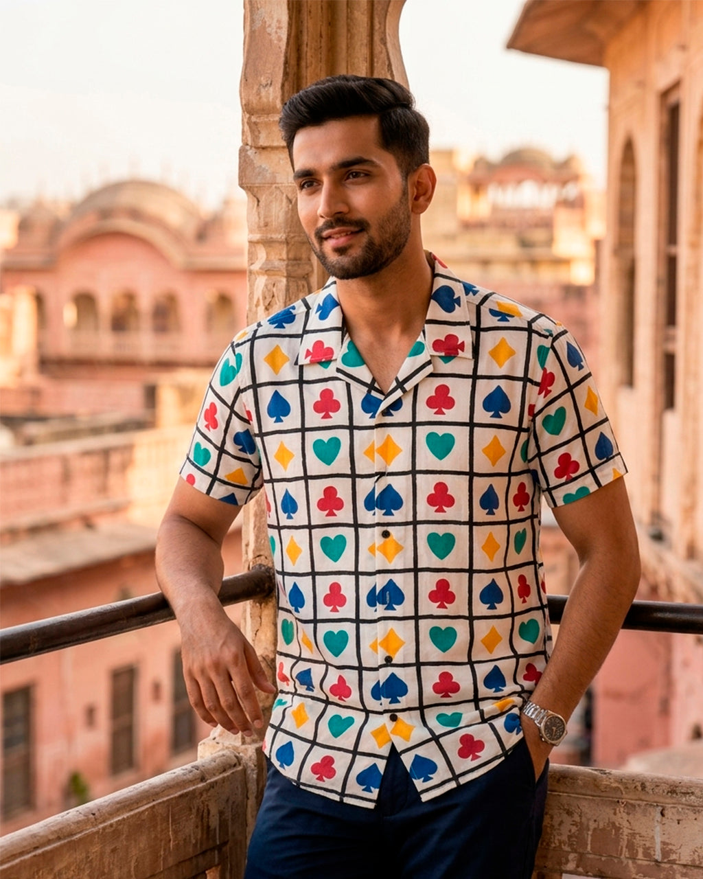 Playing Cards with Black Checks Cotton Half Sleeve Shirt