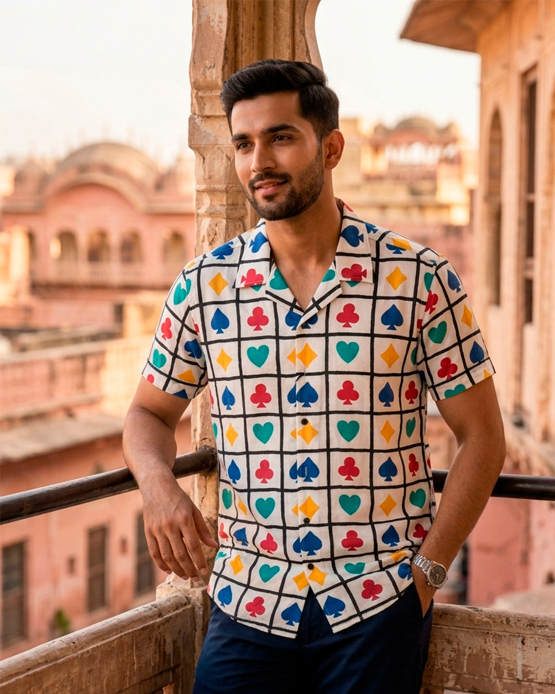 Playing Cards with Black Checks Cotton Half Sleeve Shirt
