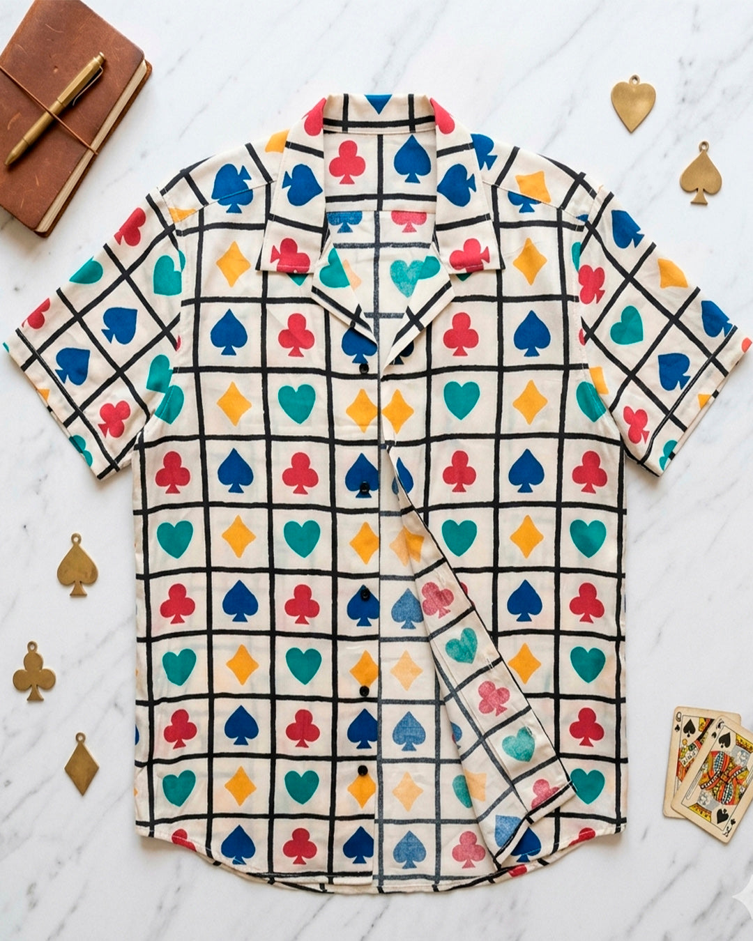 Playing Cards with Black Checks Cotton Half Sleeve Shirt