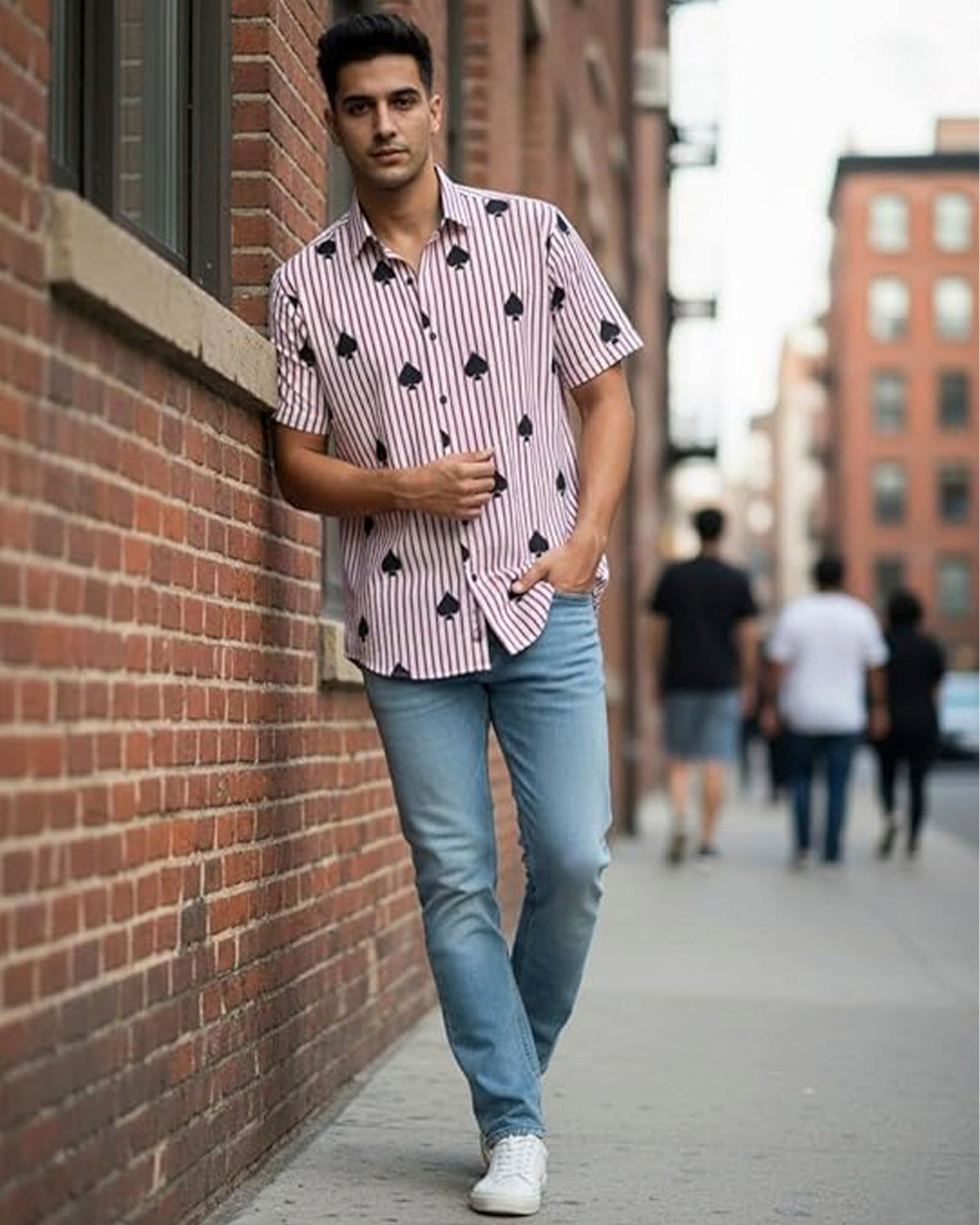 Black Spades Motif Red Striped Cotton Half sleeve shirt