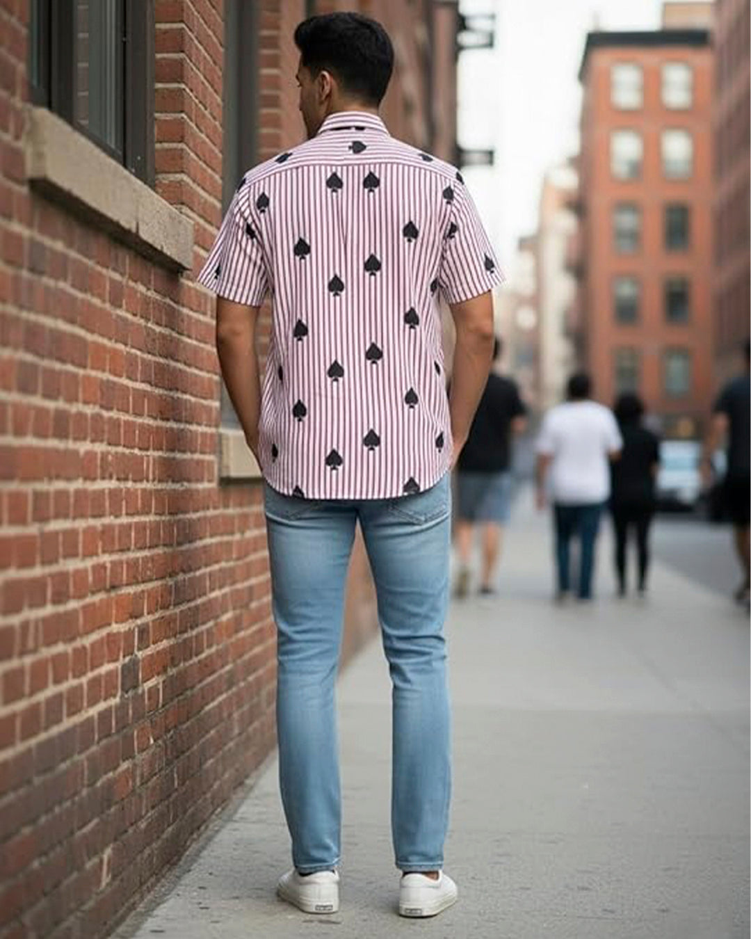 Black Spades Motif Red Striped Cotton Half sleeve shirt