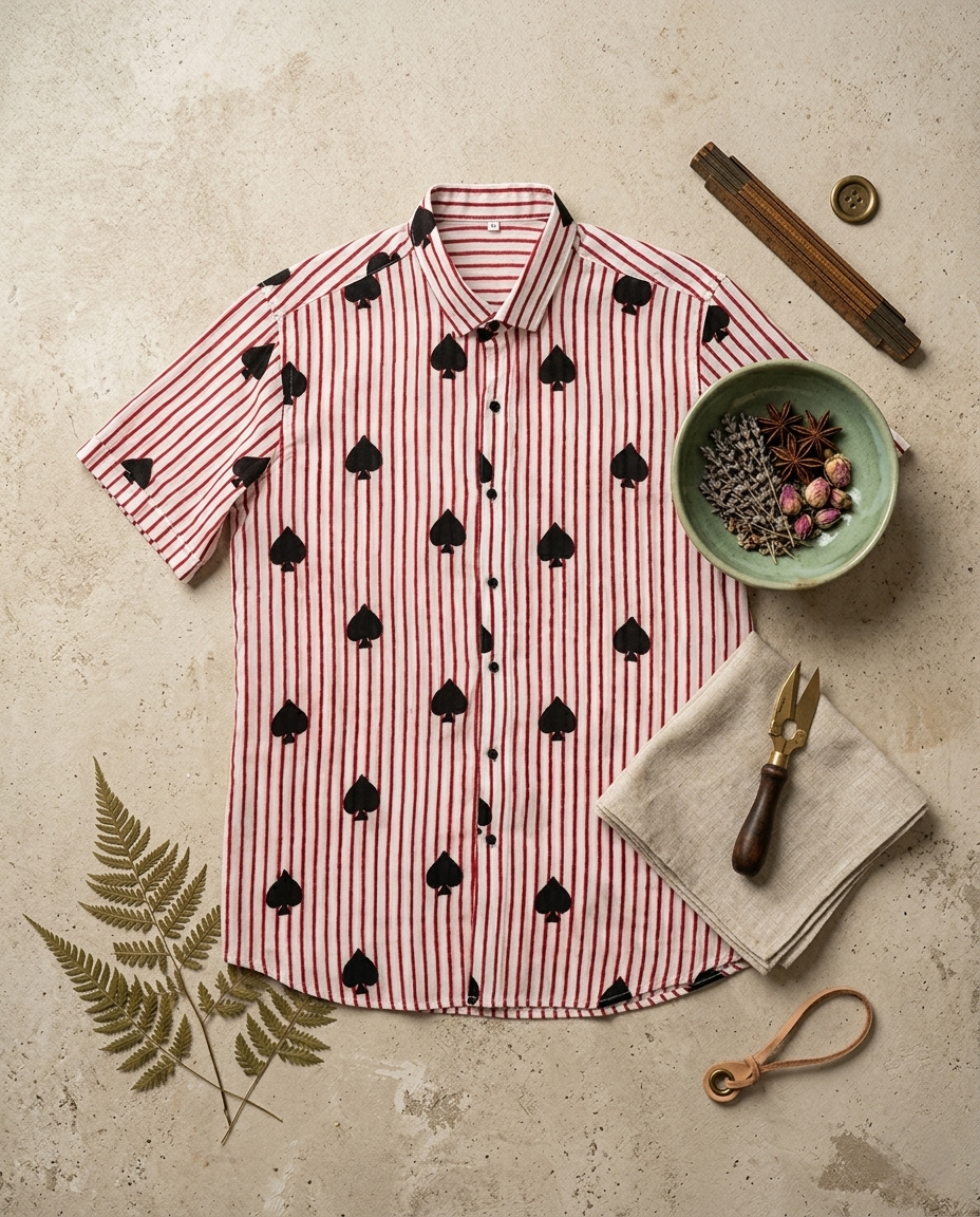 Black Spades Motif Red Striped Cotton Half sleeve shirt