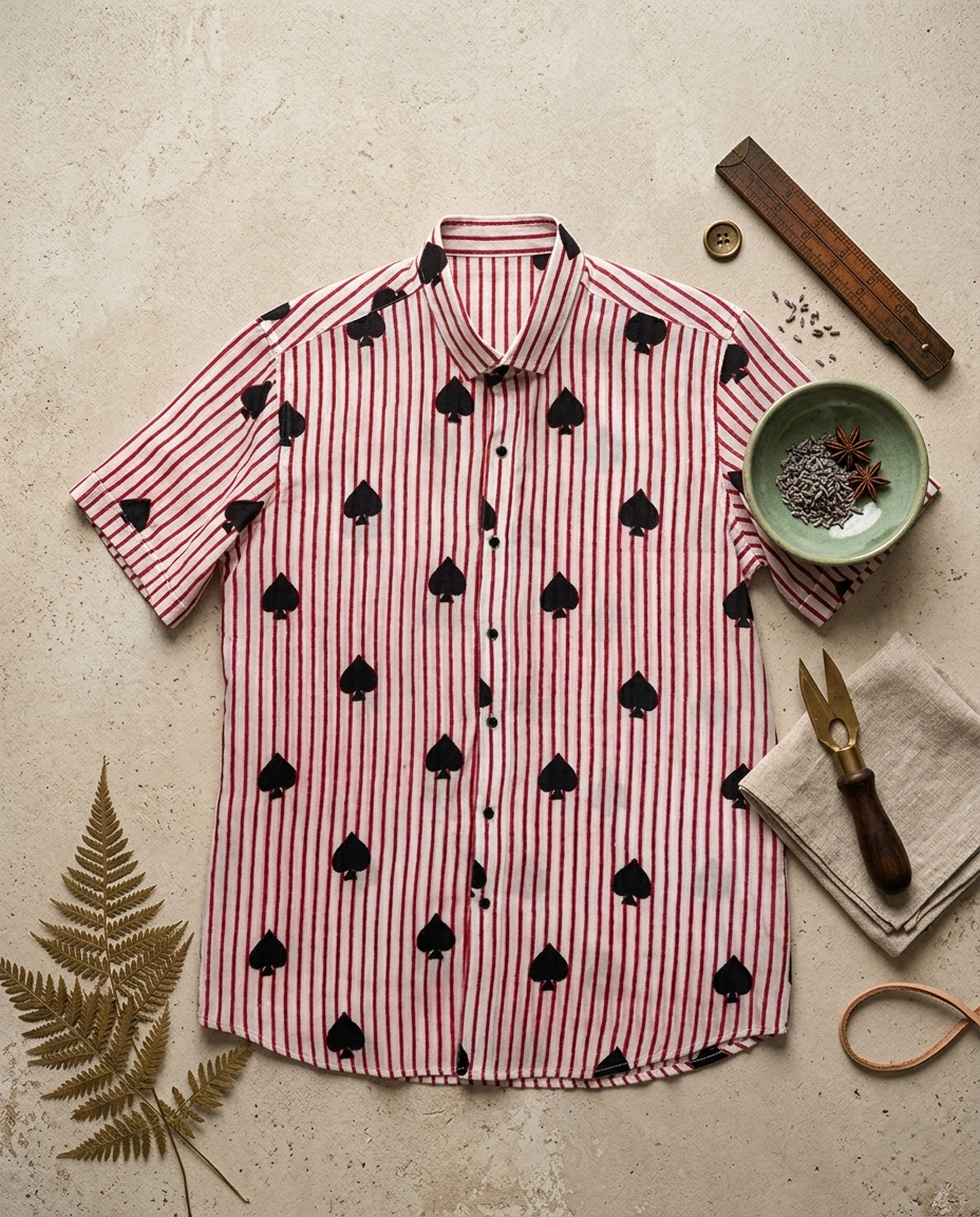 Black Spades Motif Red Striped Cotton Half sleeve shirt