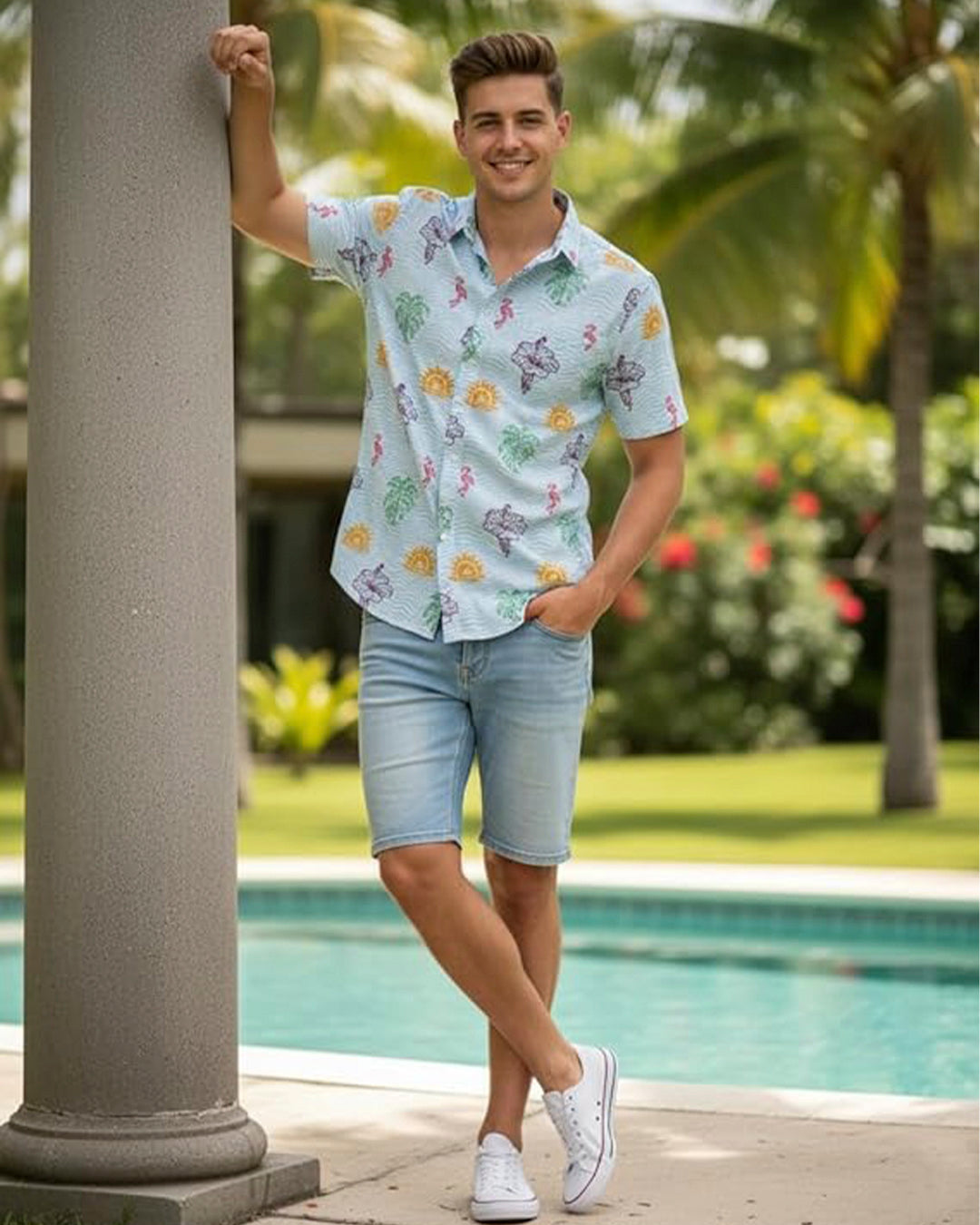 Sky Blue Wave Floral Cotton Half Sleeve Shirt