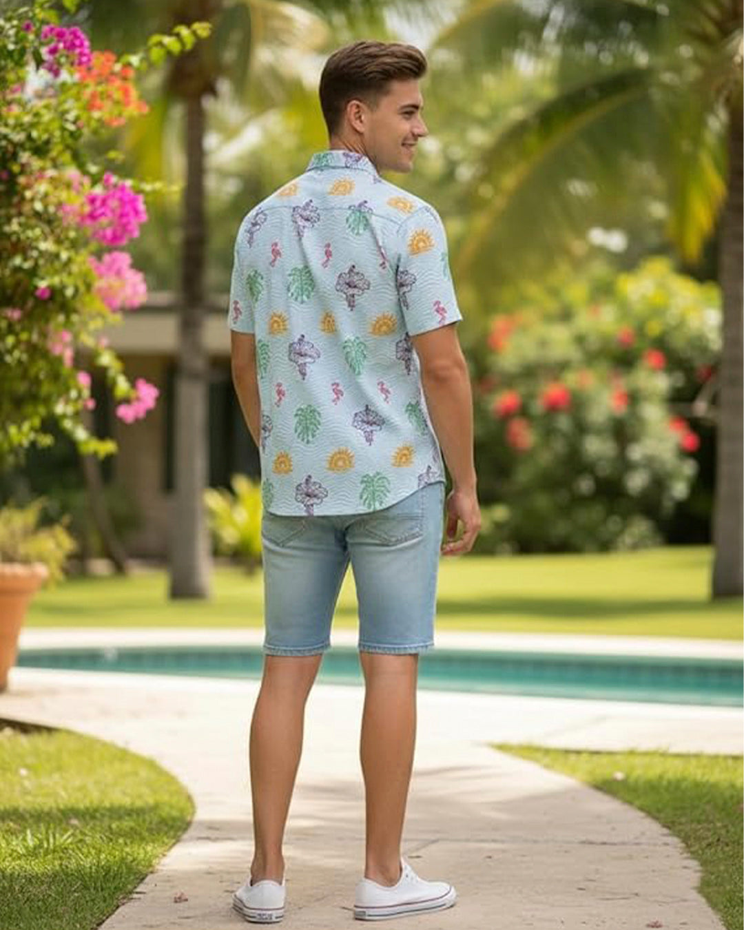 Sky Blue Wave Floral Cotton Half Sleeve Shirt