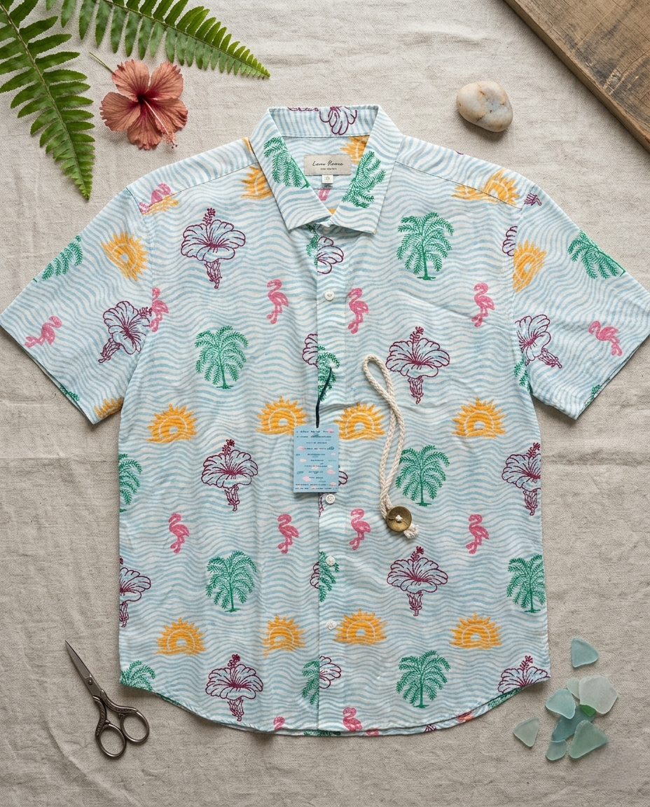 Sky Blue Wave Floral Cotton Half Sleeve Shirt