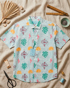 Sky Blue Wave Floral Cotton Half Sleeve Shirt