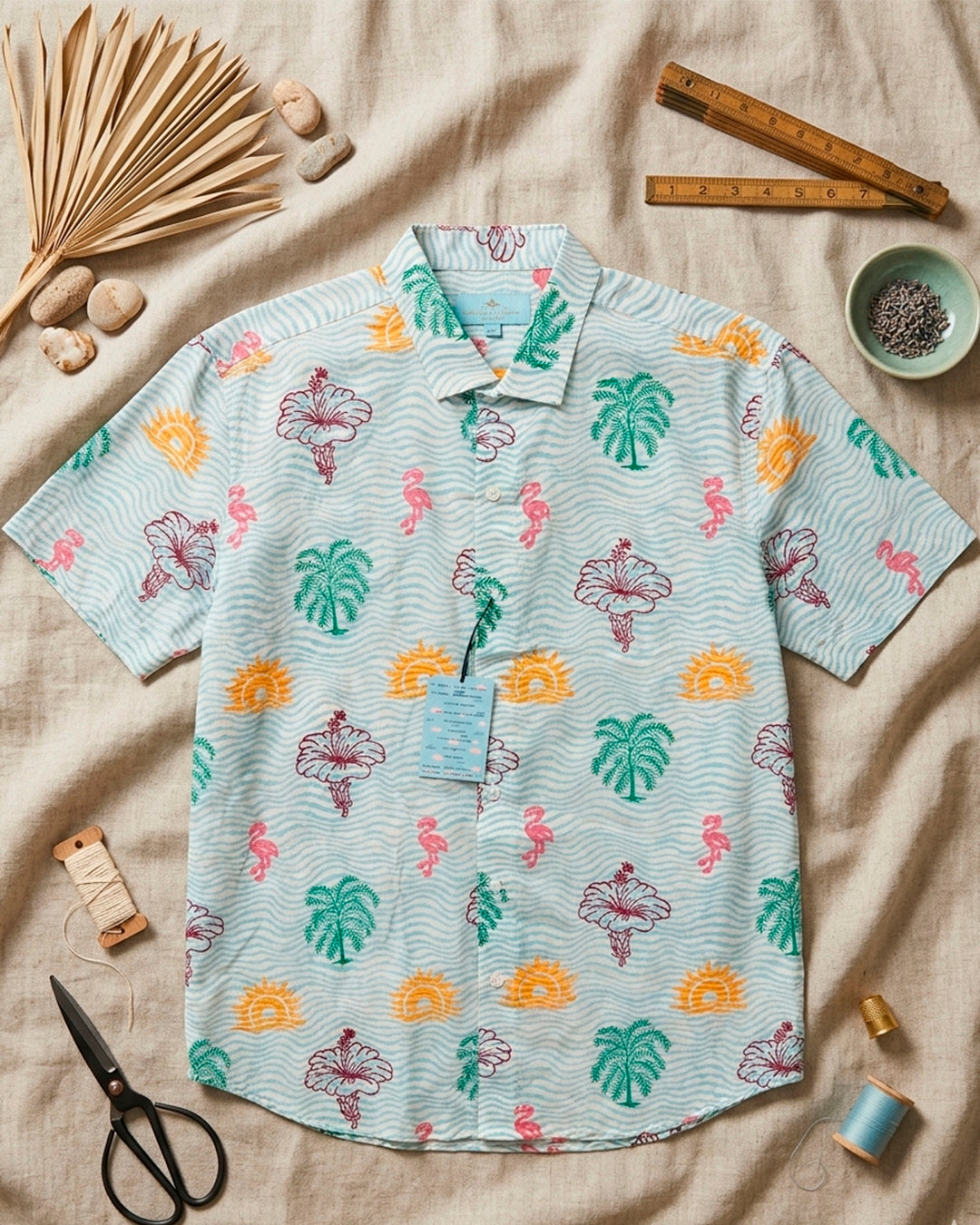 Sky Blue Wave Floral Cotton Half Sleeve Shirt