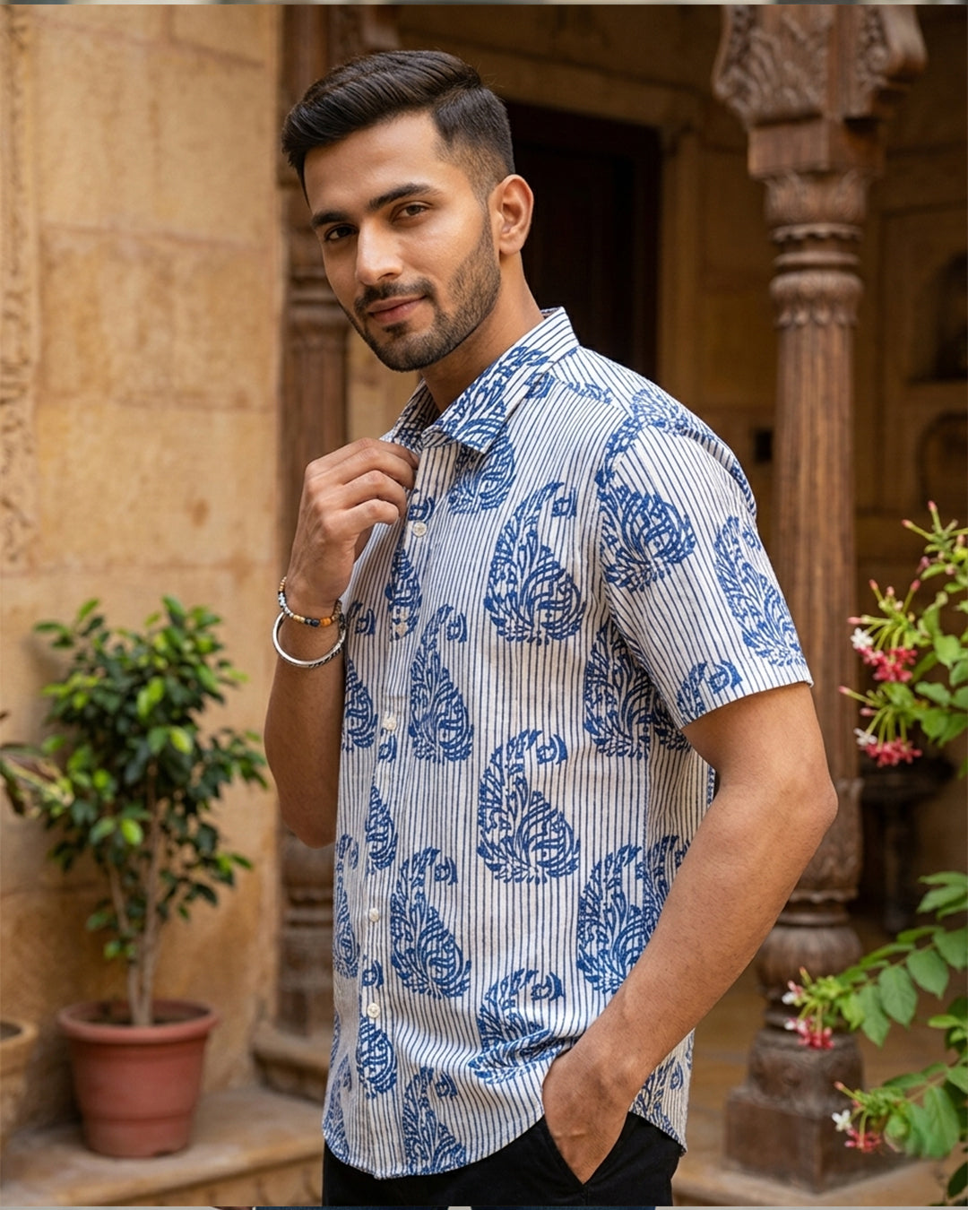 Blue Stripes with Mughal Kairi Shirt