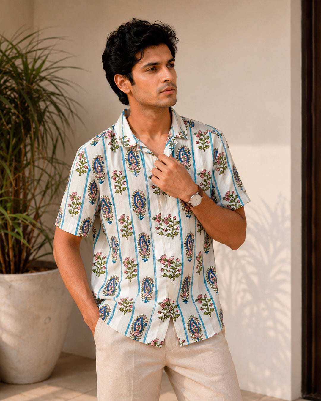Blue Stripe with Mughal Floral Motif Shirt