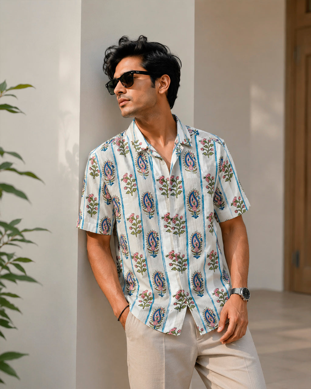Blue Stripe with Mughal Floral Motif Shirt