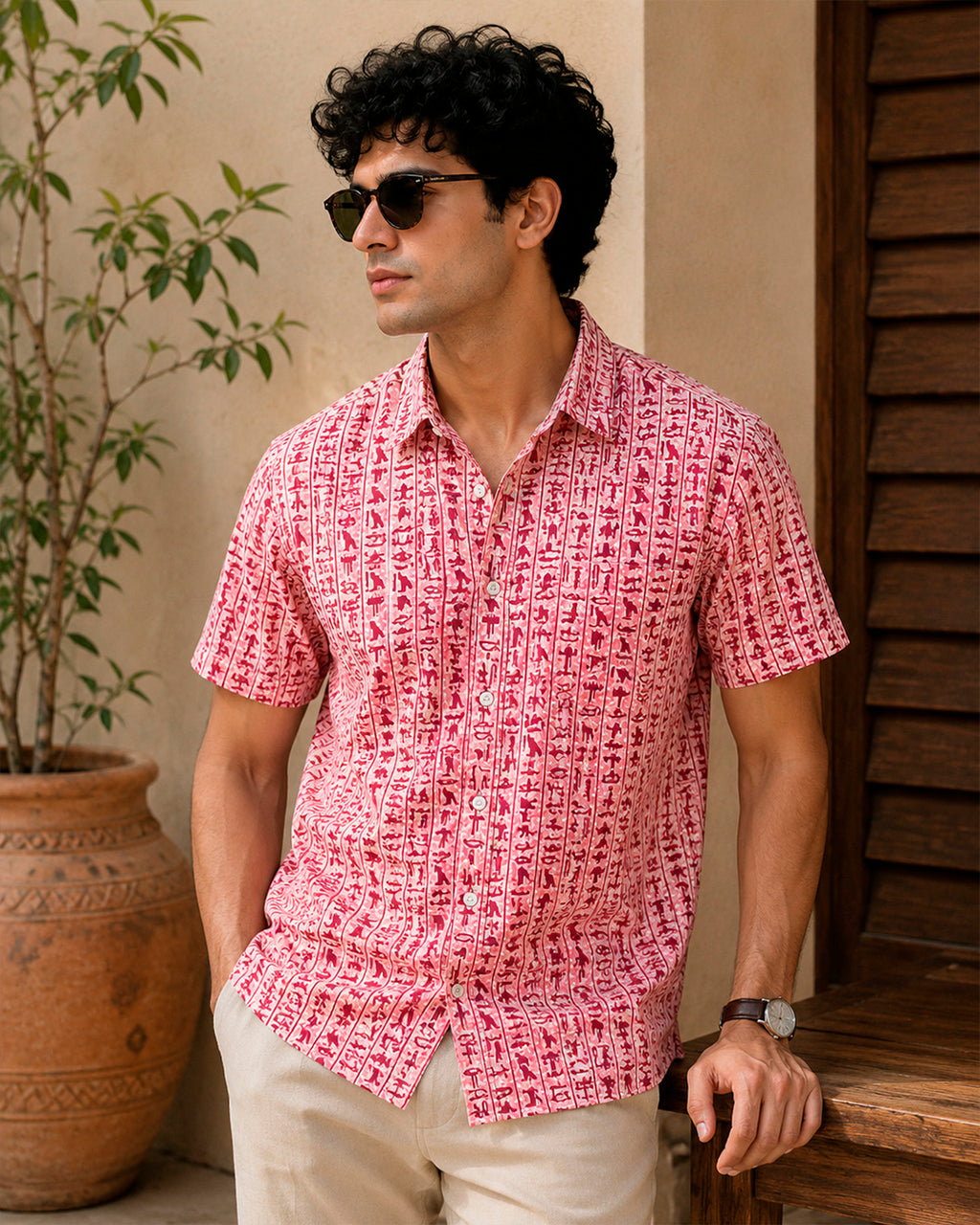 Red Egyptian Motif Printed Shirt
