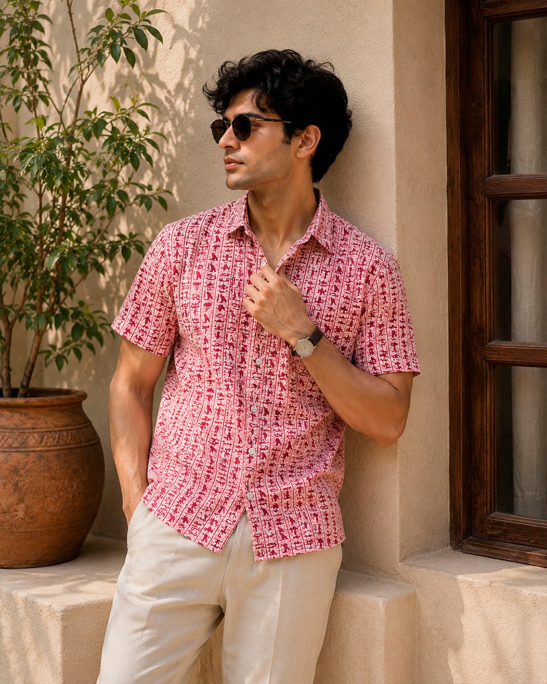 Red Egyptian Motif Printed Shirt