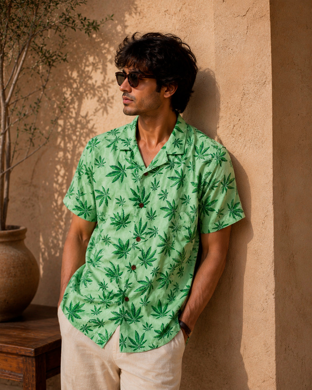 Hemp leaf printed half shirt