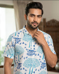 Denim Blue Tree And Bird Design Block Printed Half Shirt