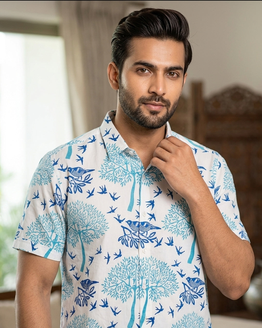 Denim Blue Tree And Bird Design Block Printed Half Shirt