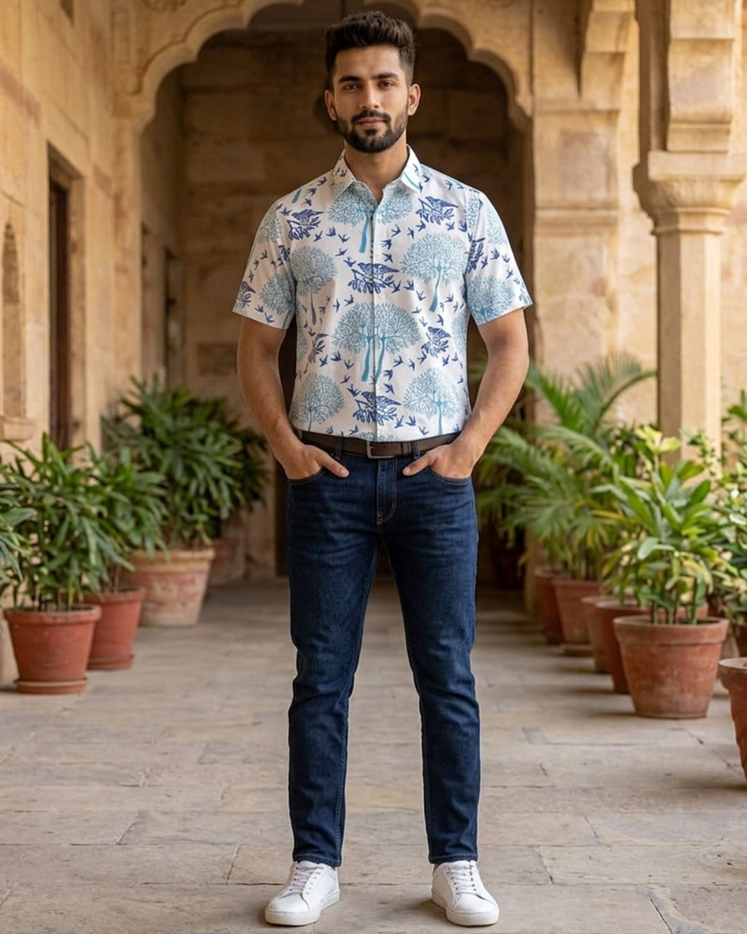 Denim Blue Tree And Bird Design Block Printed Half Shirt