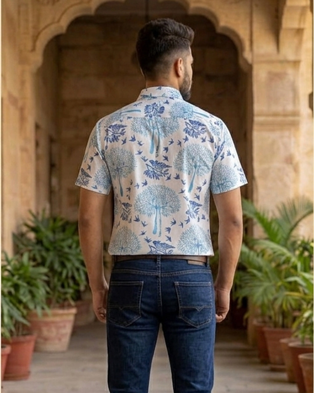 Denim Blue Tree And Bird Design Block Printed Half Shirt