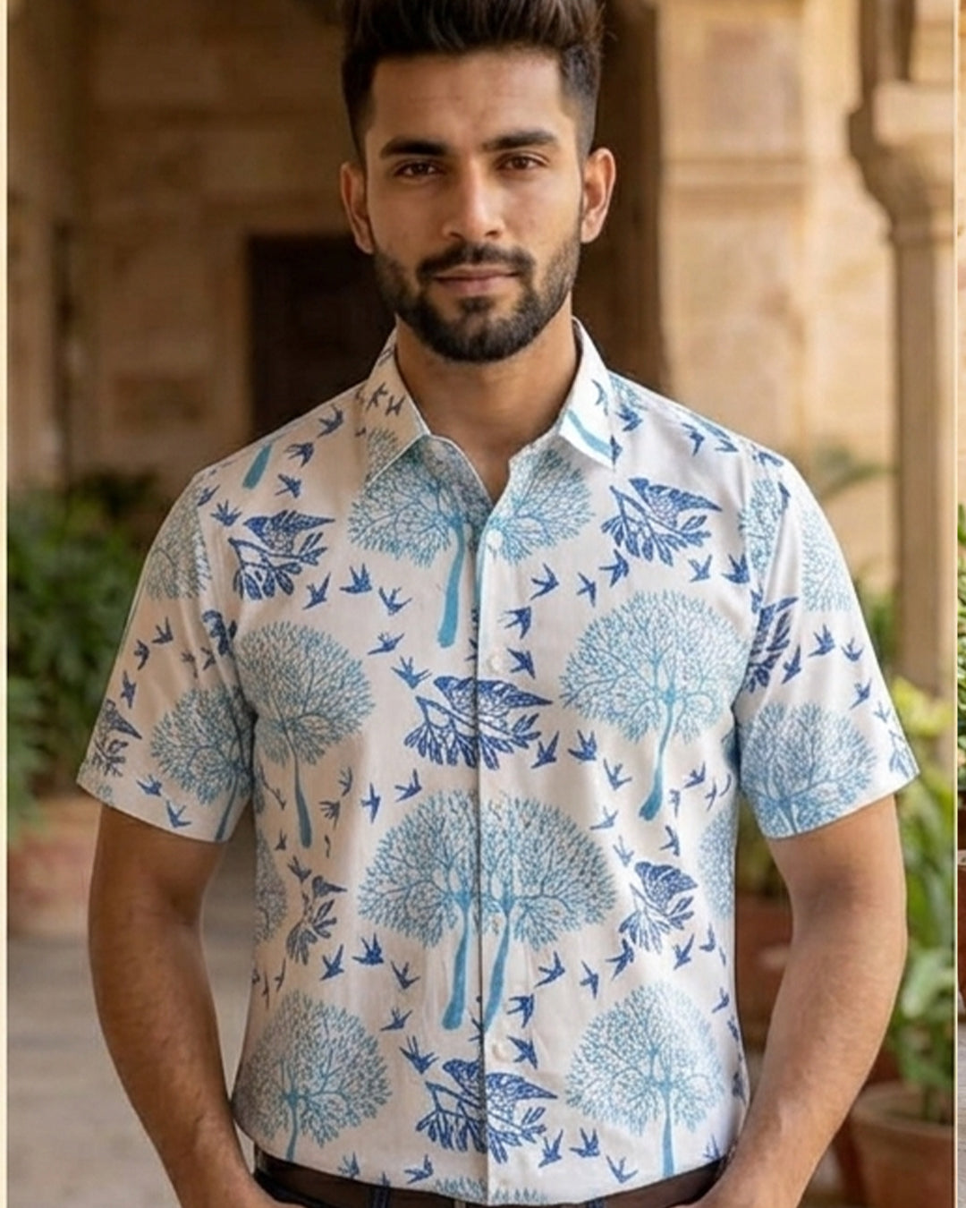 Denim Blue Tree And Bird Design Block Printed Half Shirt