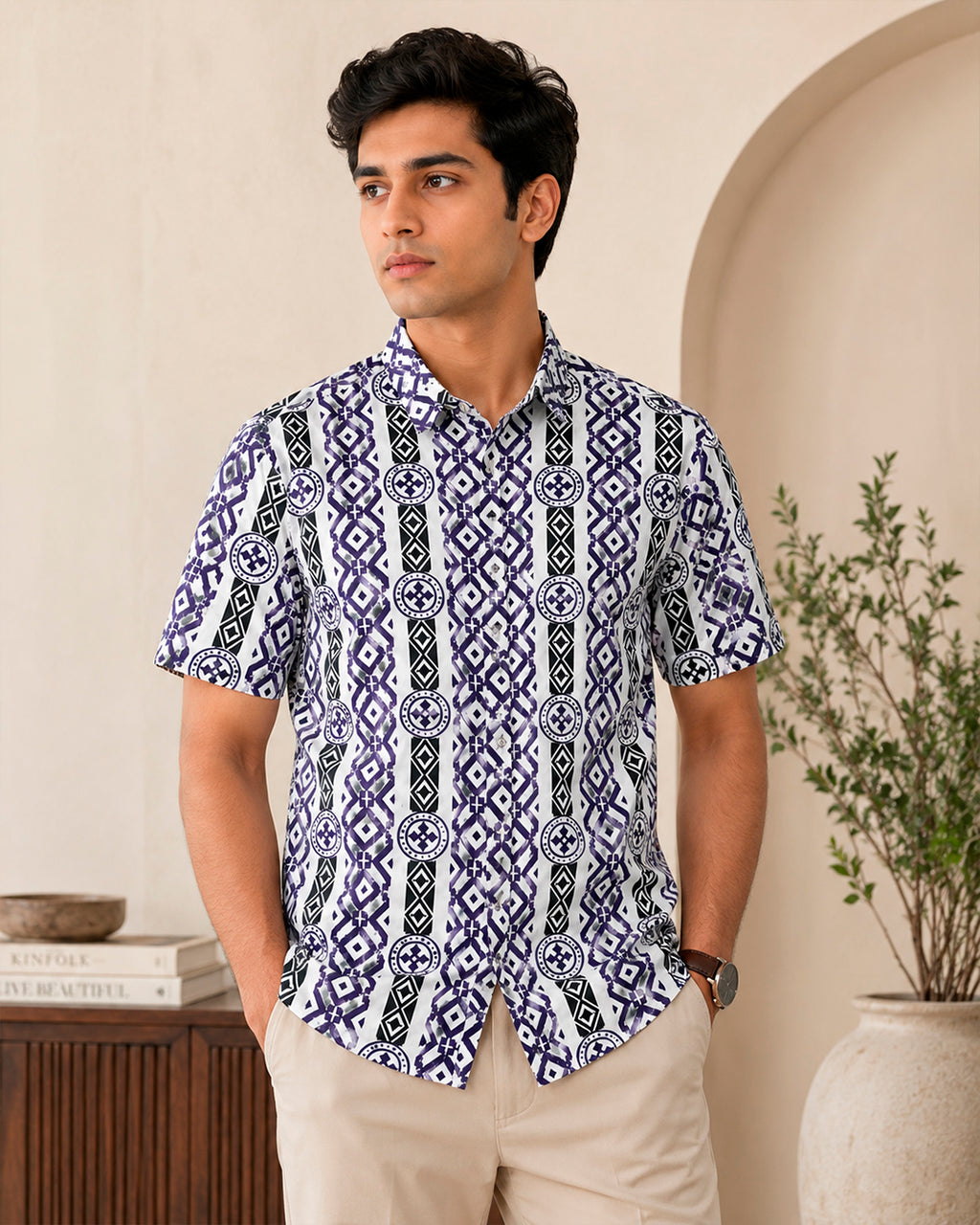 Purple and Black Geometric Half Shirt