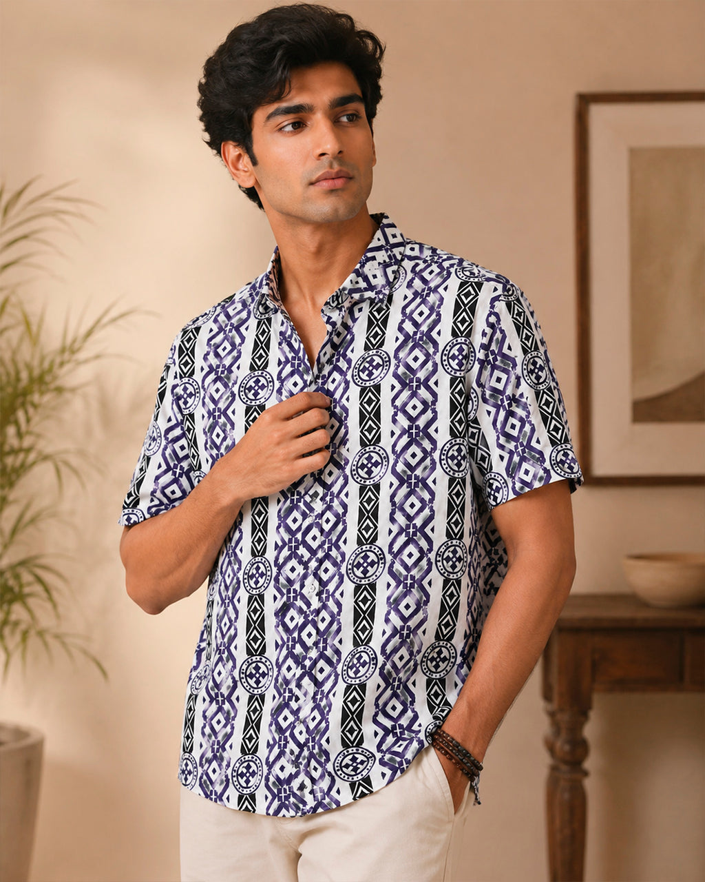Purple and Black Geometric Half Shirt