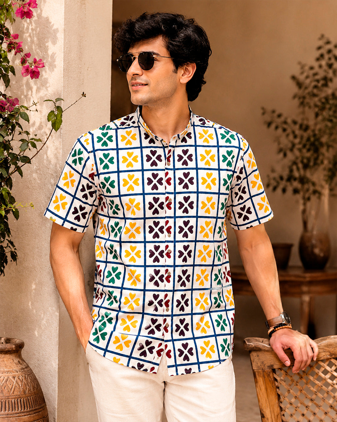 Black Checks Box with Floral Print Shirt