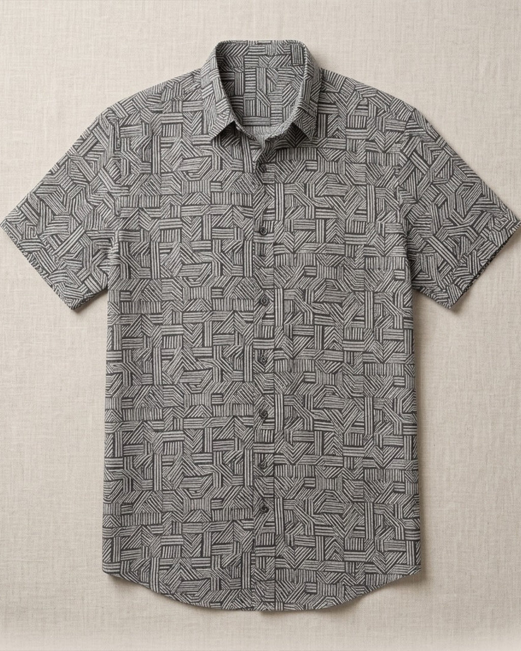 Black And Grey Basket Weave Print Half Sleeve Shirt