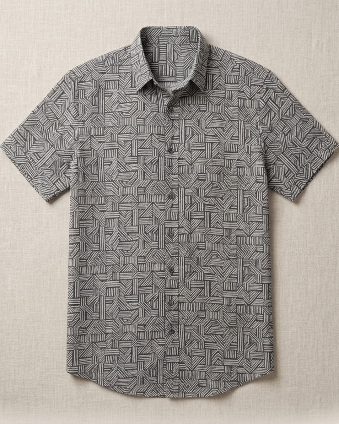 Black And Grey Basket Weave Print Half Sleeve Shirt