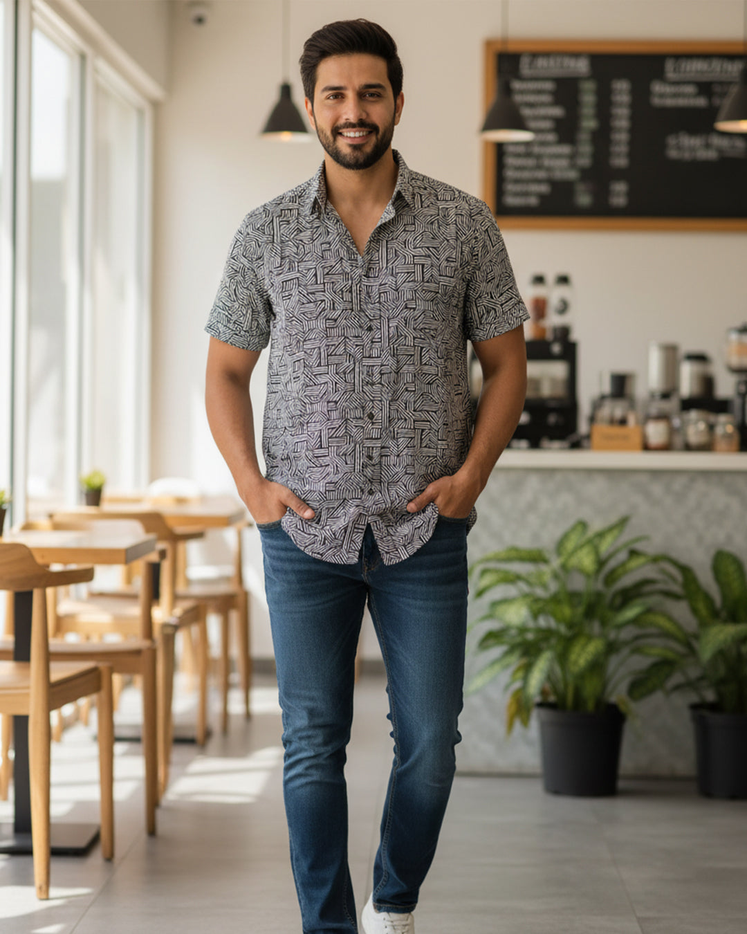 Black And Grey Basket Weave Print Half Sleeve Shirt
