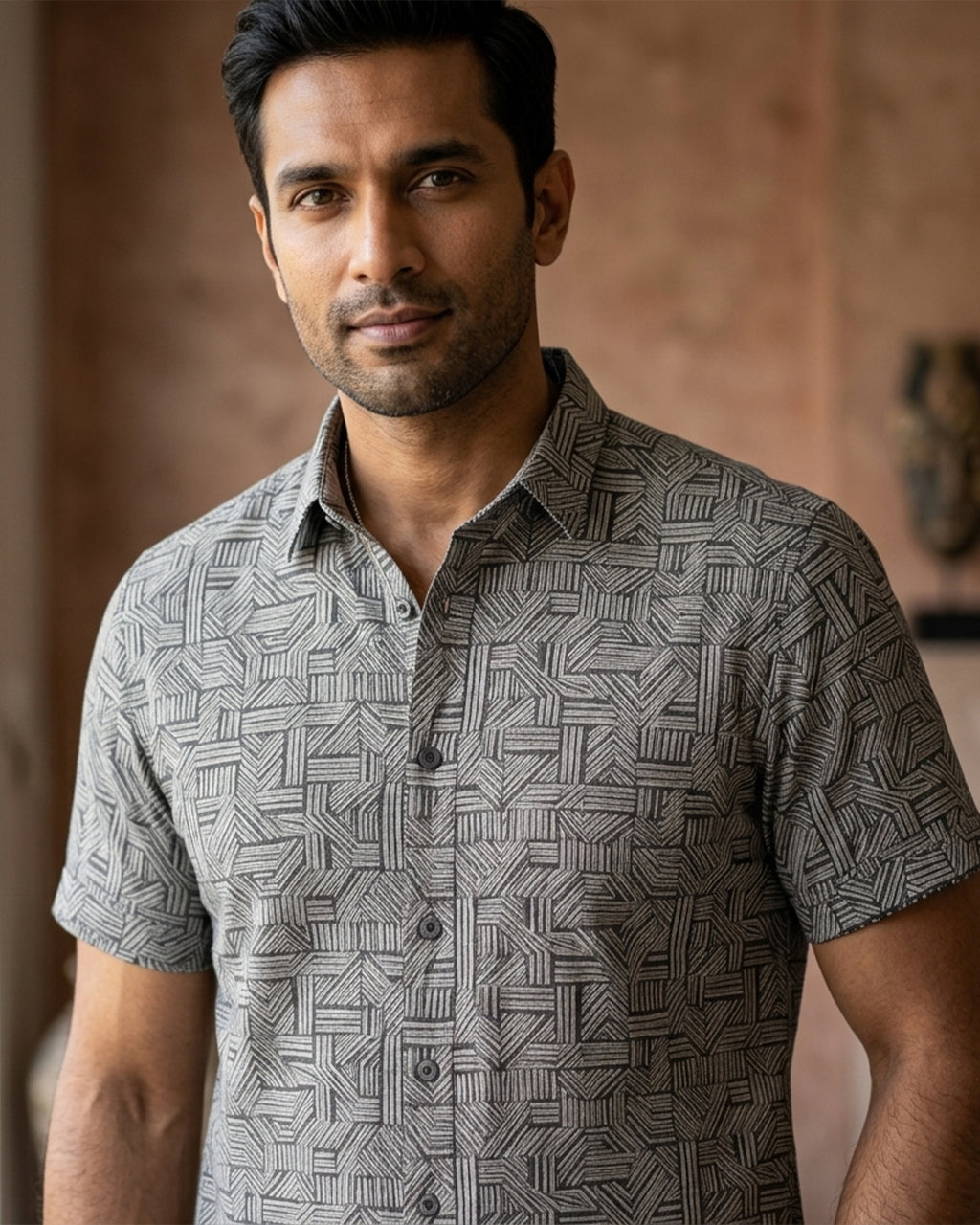 Black And Grey Basket Weave Print Half Sleeve Shirt
