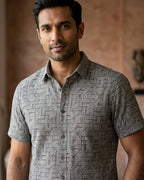 Black And Grey Basket Weave Print Half Sleeve Shirt