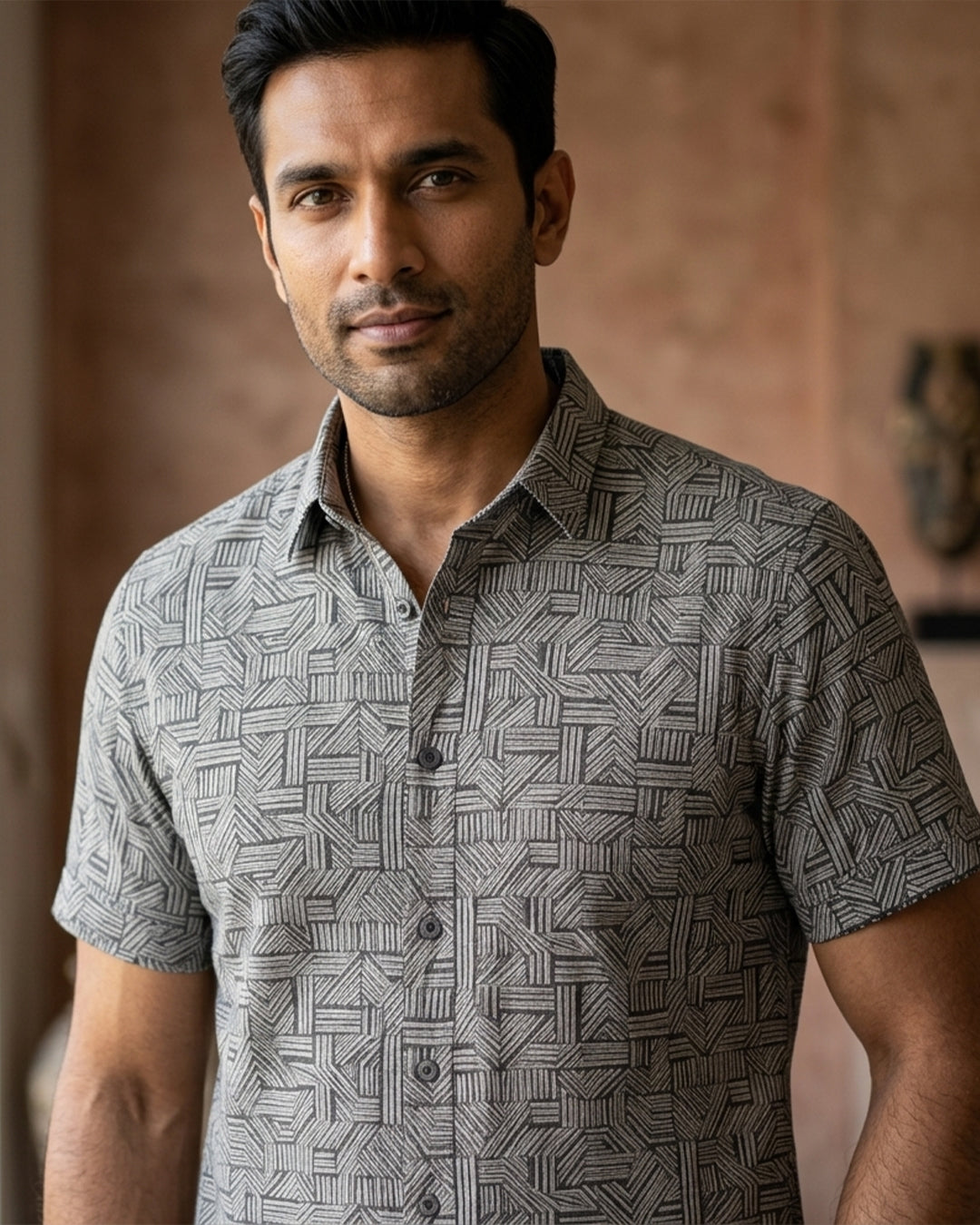 Black And Grey Basket Weave Print Half Sleeve Shirt