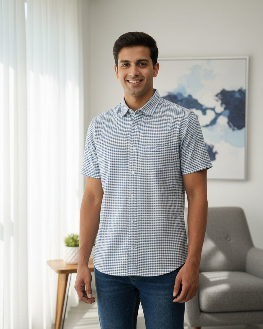 Indigo Check Print Hand Block Printed Half Shirt