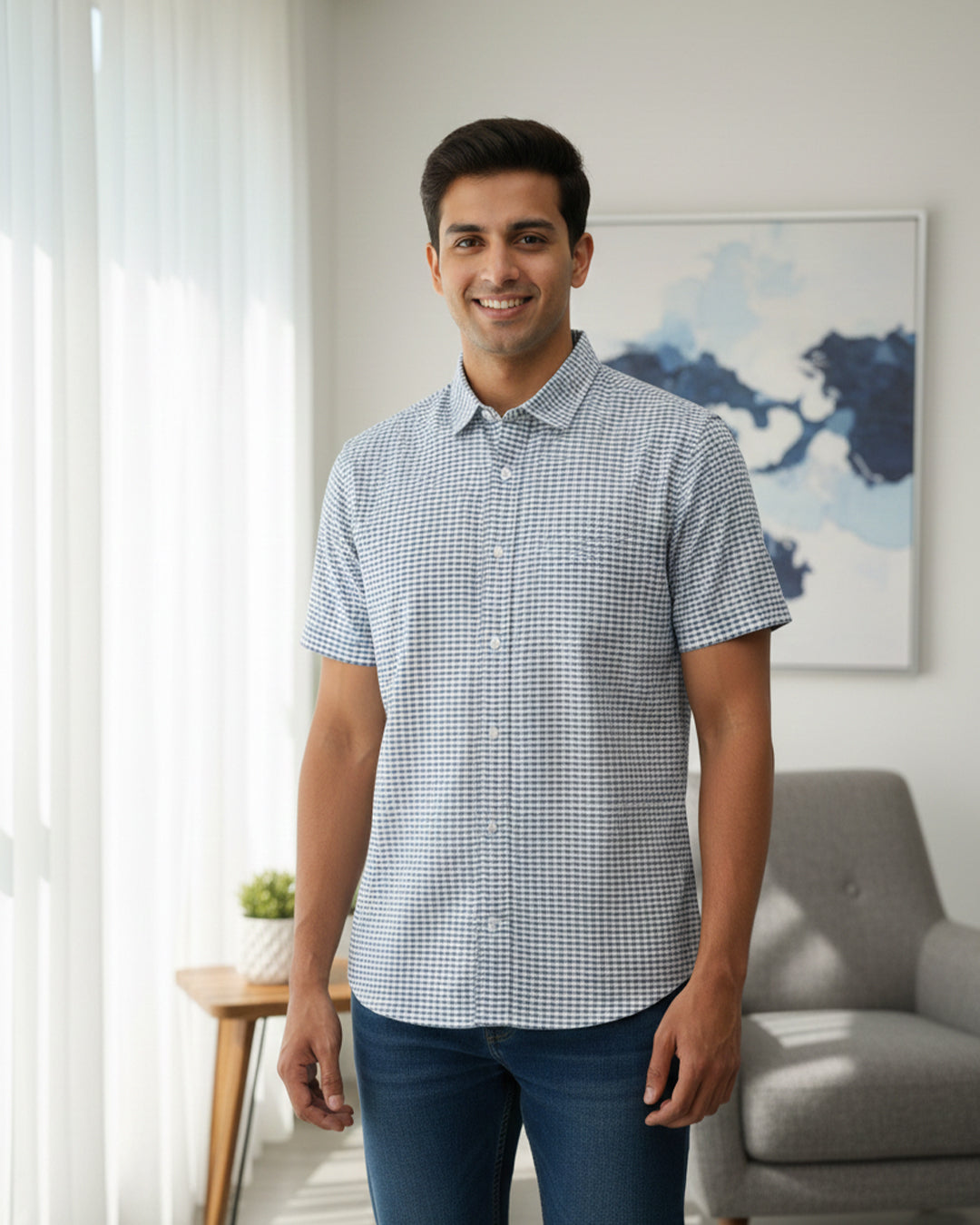 Indigo Check Print Hand Block Printed Half Shirt