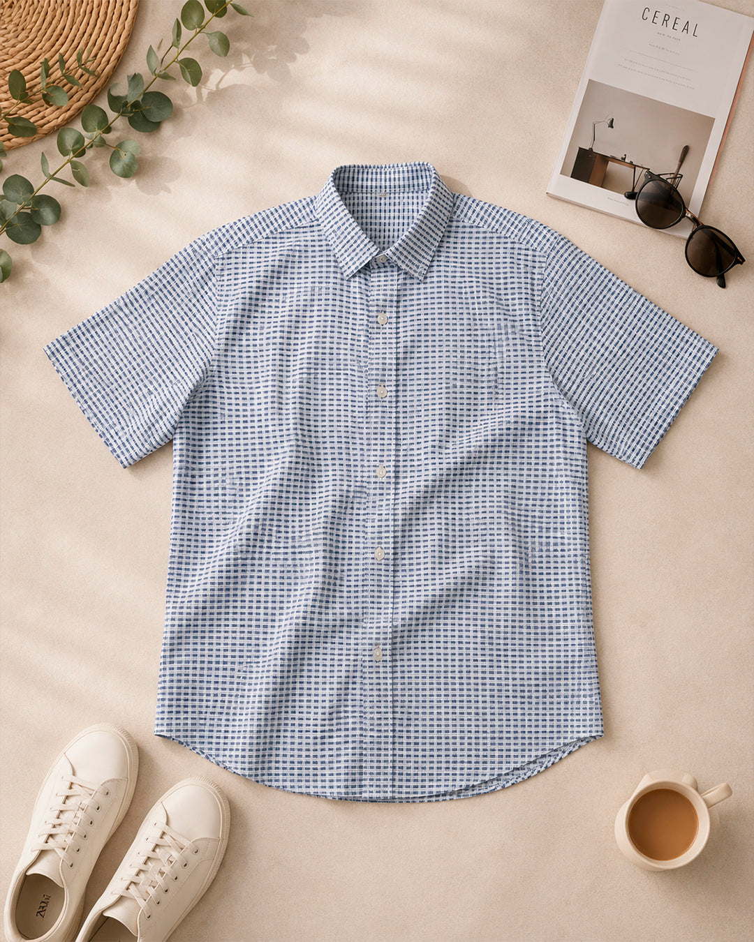 Indigo Check Print Hand Block Printed Half Shirt