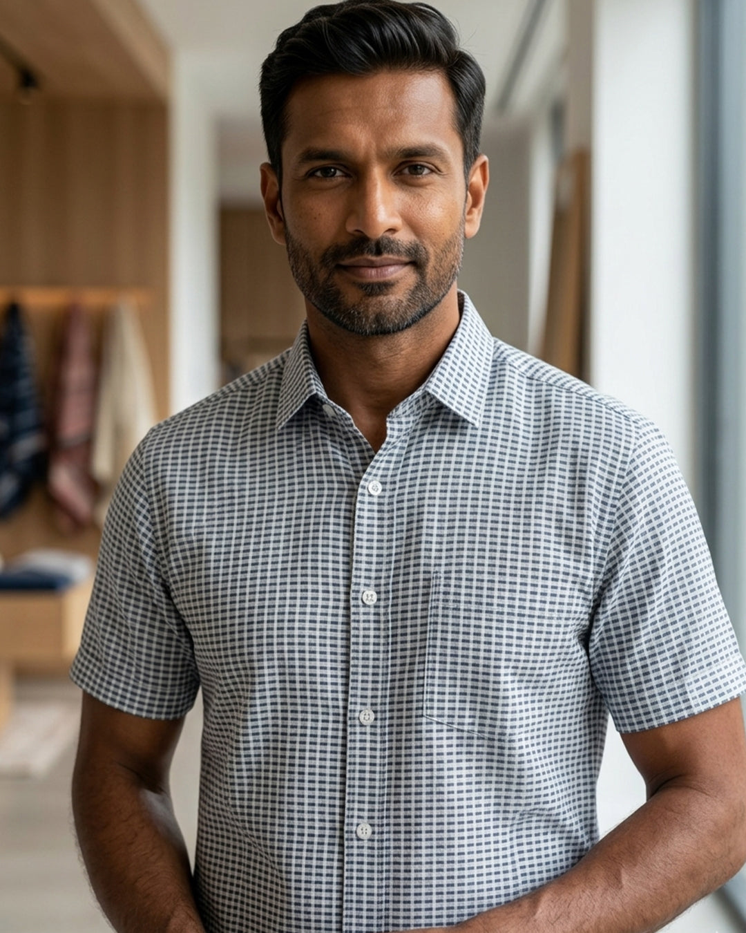 Indigo Check Print Hand Block Printed Half Shirt