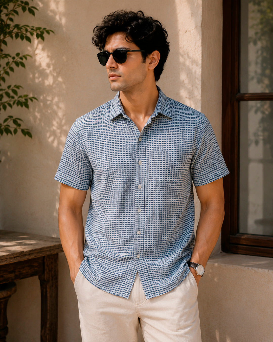 Indigo Check Print Hand Block Printed Half Shirt